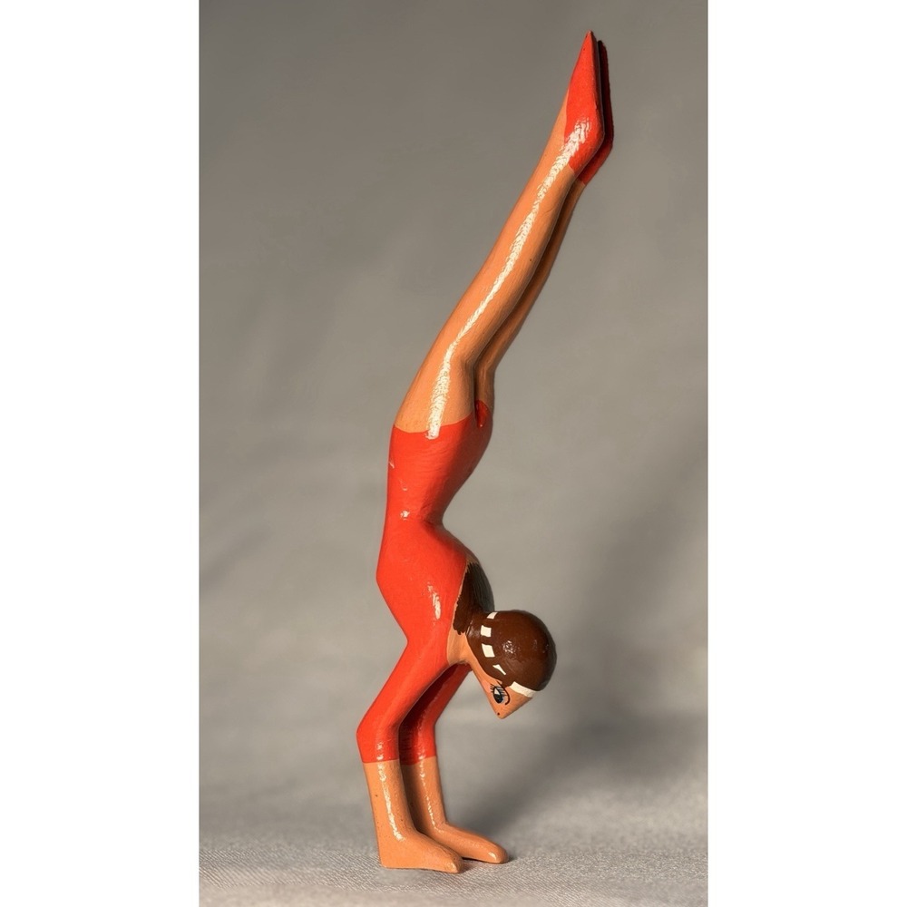 Vintage Yvens Haitian Folk Art Hand Carved Wood Gymnast Acrobat Statue Signed